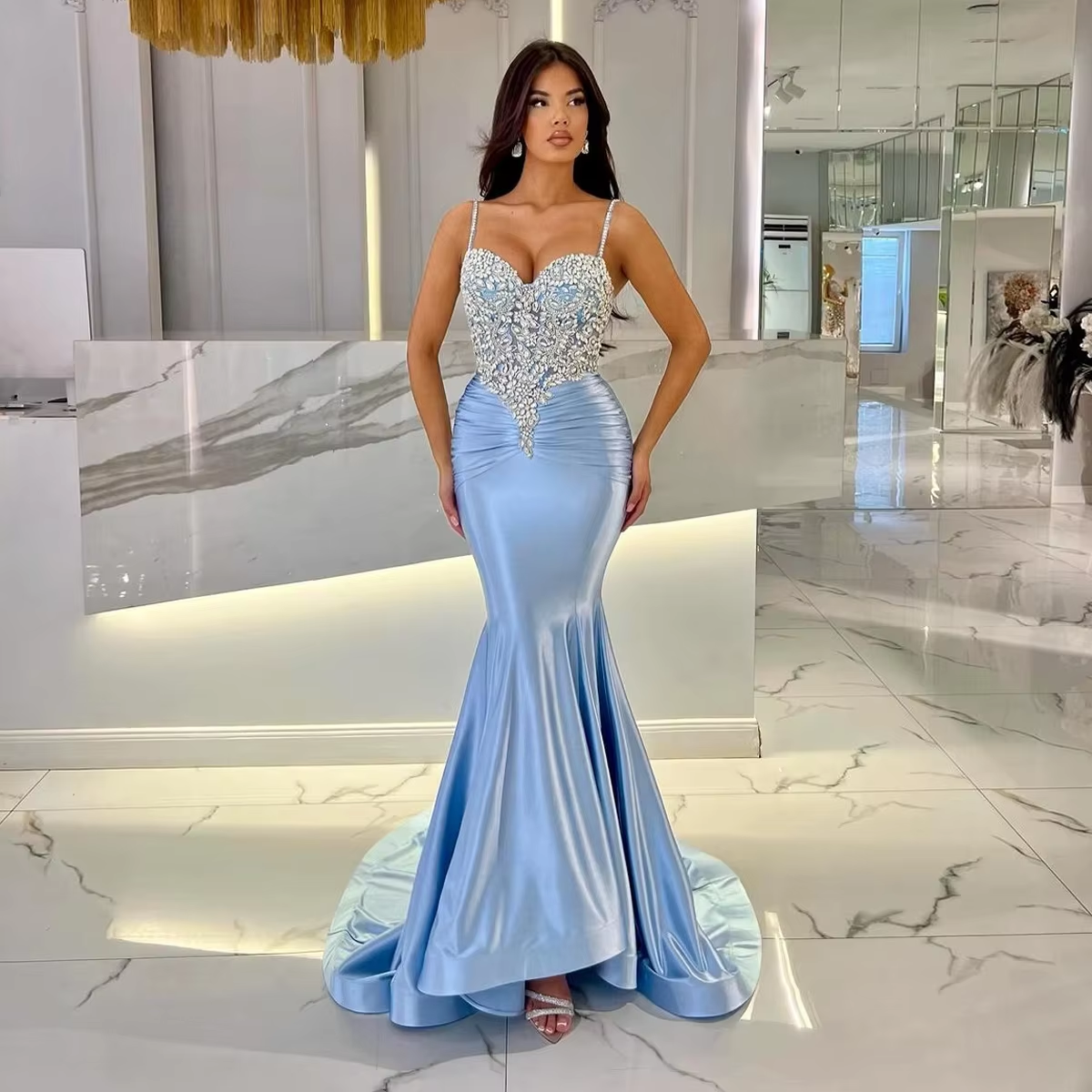 Elegant Pink Mermaid Prom Dresses Custom Made Beaded Spaghetti Strap Formal Occasion Dress