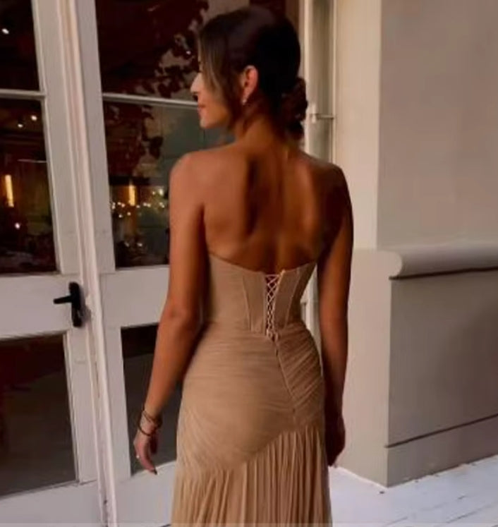 Women's Evening Dresses Champagne Sweetheart Mermaid Evening Gowns Long Backless Pleated Trumpet Sexy Formal Prom Dress