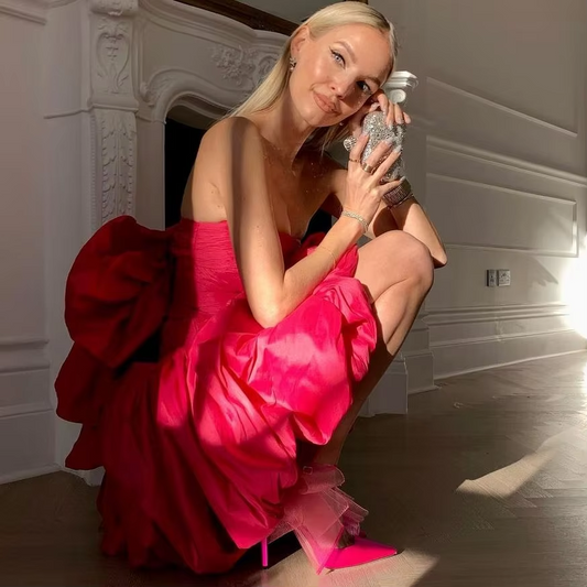 Strapless Hot Pink Bodycon Mini Length Dress With Big Bow Asymmetrical Short Party Dress Smooth Satin Cocktail Dress Ever Pretty