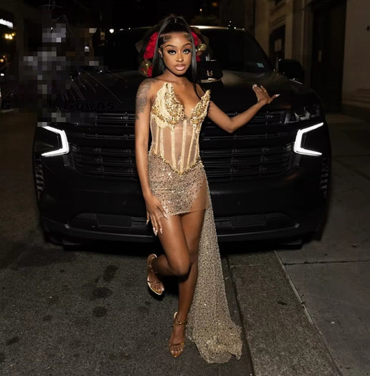 Gold Strapless Bead Crystal Rhinestone Prom Dresses Short Sequin Black Girl Birthday Luxury Dress Side Train Mini Cocktail