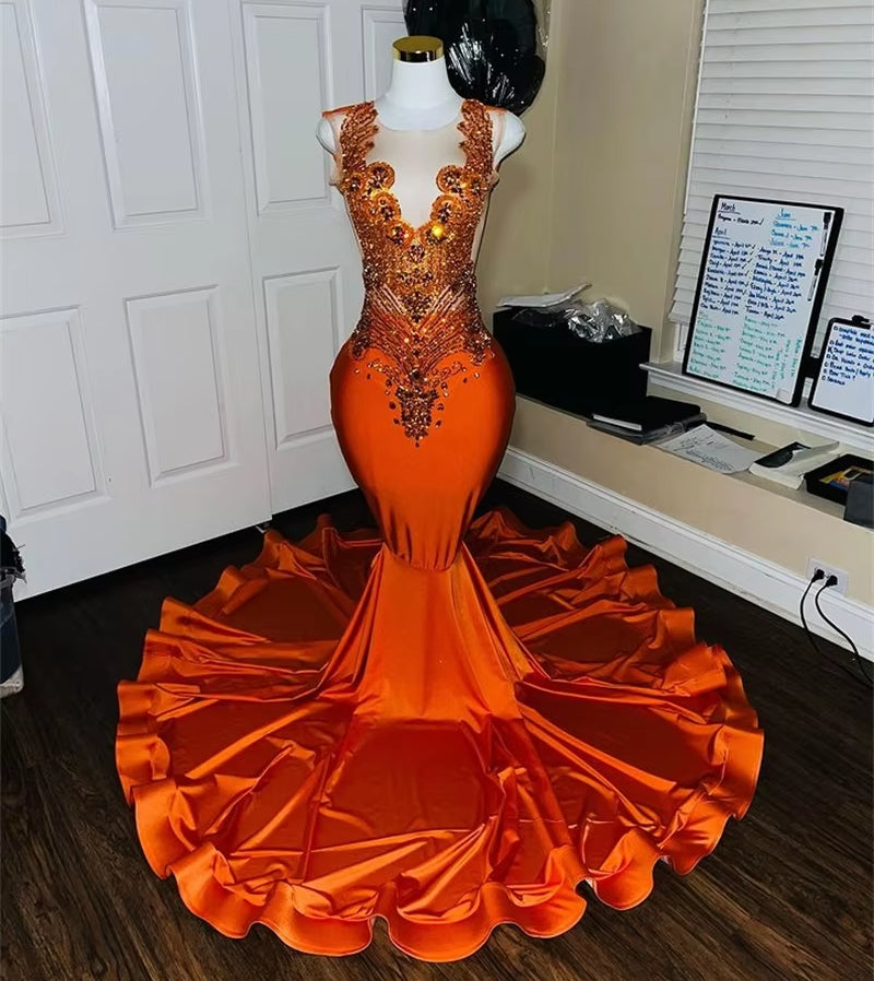 Orange O Neck Long Prom Dress For Black Girls Beaded Crystal Diamond Birthday Party Gowns Mermaid Evening Dresses Customized