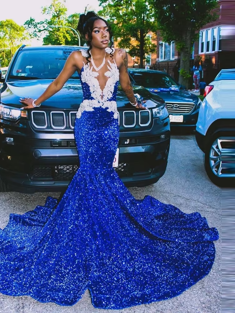 Glitter Sequins Lace Evening Dresses Sexy V Neck Appliques Beaded Mermaid Prom Dress Plus Size Africa Celebrity Party Gowns