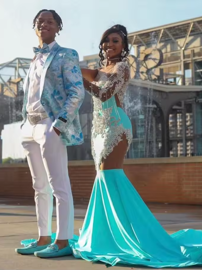 Turquoise Blue African Mermaid Prom Celebrity Gown with Long Sleeve One Shoulder Crystal Applique Evening Birthday Dress