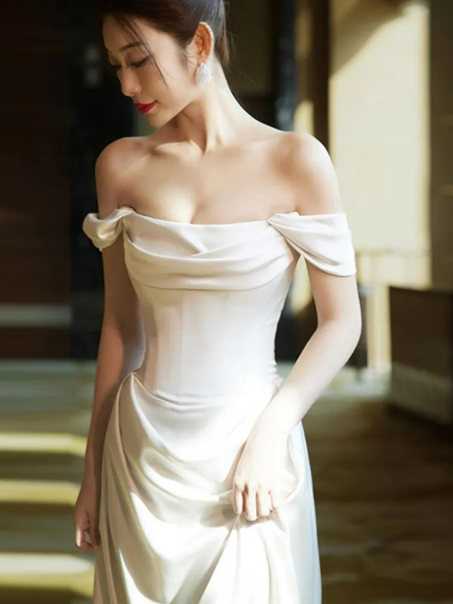 Evening Dresses, Formal Dresses, Evening Gowns, Prom Dresses,Off-Shoulder Plain A-Line Evening Gown Long Corset Prom Evening Formal Dresses