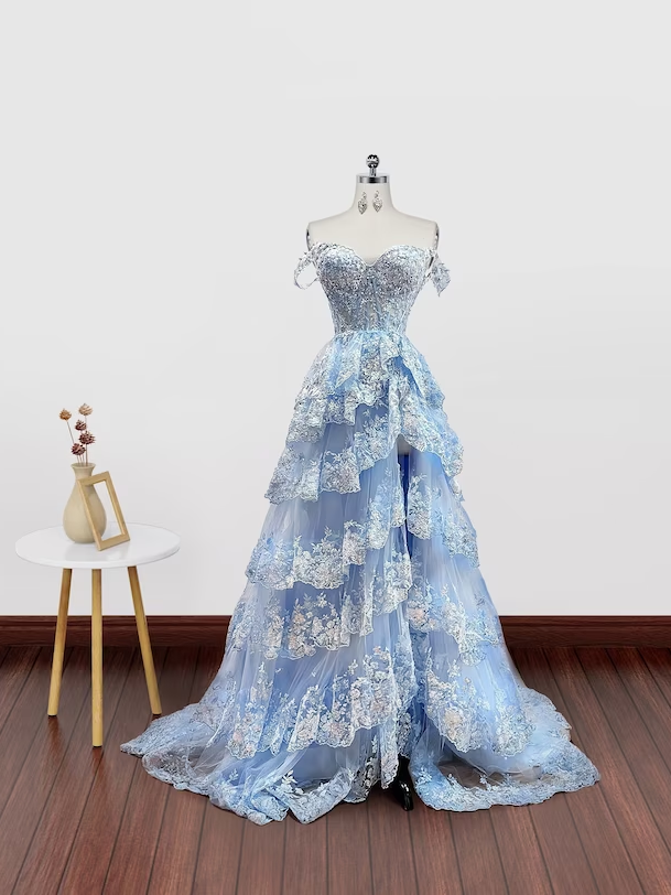Off the Shoulder Light Blue Layered Lace Prom Dresses, Blue Layered Lace Formal Evening Dresses
