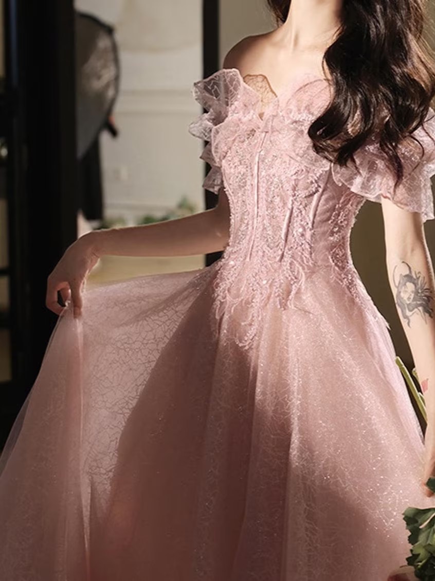 Pink Off Shoulder Prom Dress, Tulle Prom Dress, Lace Prom Dress, Cocktail Party Dress, Evening Party Dress, Party Gown, Long Ball Gown