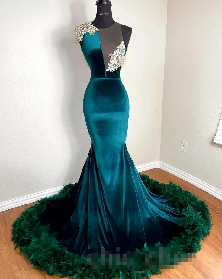 Teal African American Prom Dresses Mermaid Sheer Velvet Appliques Beaded Black Girls Nigeria Robe De Soiree Evening Gown