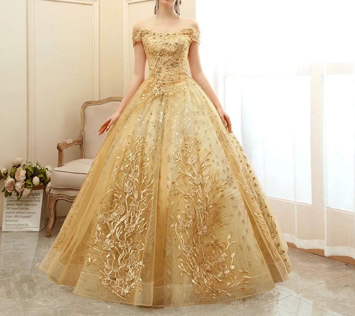 Gold Embroidered Formal Prom Dress,Off Shoulder Gold Dress,Yellow Princess Prom Dress,Bridal Shower Dress,Wedding Dress,Evening Party Dress