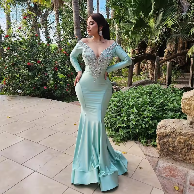 Women Mermaid Prom Dresses Long Sleeve Beadings Floor Length Evening Dress Night Cocktail Party Prom Gowns Plus Size