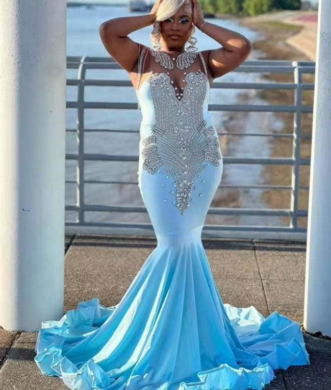 Sky Blue Exquisite Cocktail Dress Sparkling Rhinestone Beaded Tassel Party Gowns Black Girls Elegant Ruffle Pleated Dresses