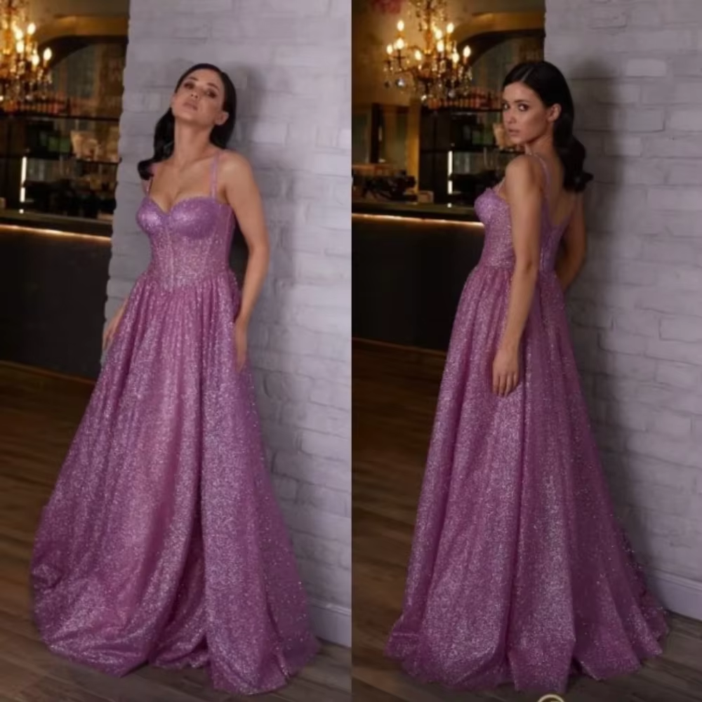 Elegant A Line Evening Dresses Purple Pink Spaghetti Formal Party Prom Dress Sequins Glitter Dresses for special occasion Custom