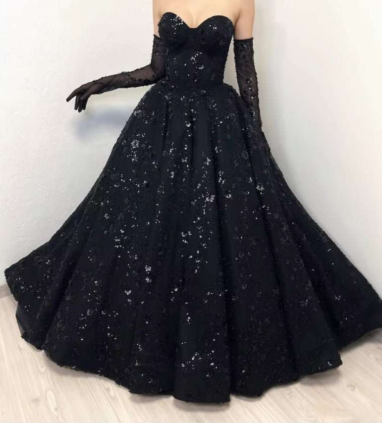 Gorgeous Shiny Lace Prom Dress Black Sweetheart Ball Gown Vestidos De Fiesta Shiny Flowert Wedding Dress