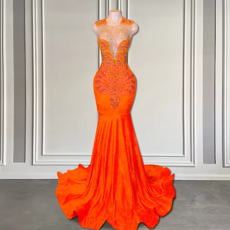 Elegant Long Orange Velvet Prom Dress for Black Girls Luxury Rhinestone Diamond Mermaid Birthday Party Gowns Customized