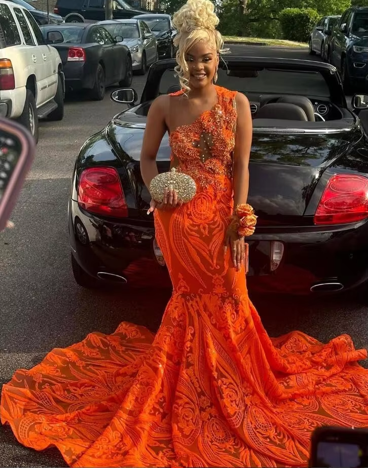 Orange Sparkly Trumpet Prom Formal Dresses for Black Girl Crystal Applique Sheer Evening Birthday Gown Sheer Mesh customsized
