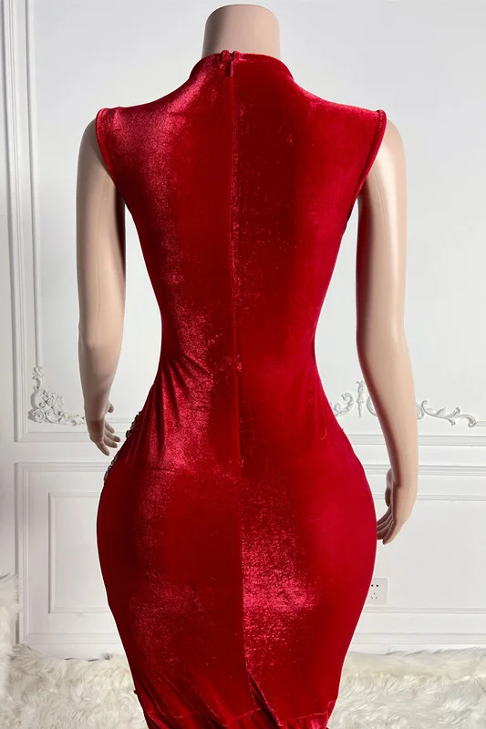 Red Scoop Sleeveless Formal Dresses Mermaid With Split Beadings Crystals