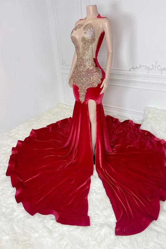 Red Scoop Sleeveless Formal Dresses Mermaid With Split Beadings Crystals
