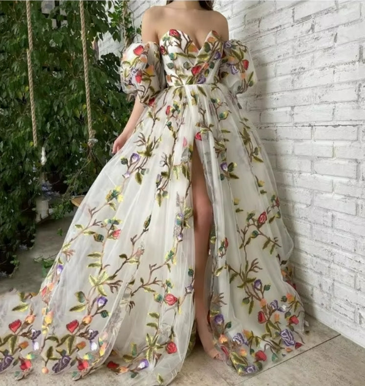 Women's Summer Dress One Shoulder Strapless Open Cut Embroidered Style Mesh Long Skirt Zipper Princess Sleeve Y2k Dresses
