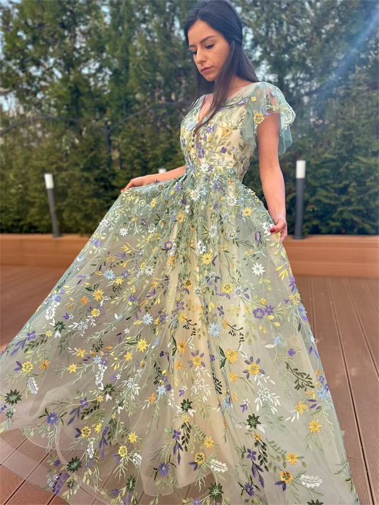 Green Lace Embroidery Tulle Prom Dresses A-line Tulle فساتين سهرة V-neck Floor-length Short Sleeves Vestidos De Fiesta