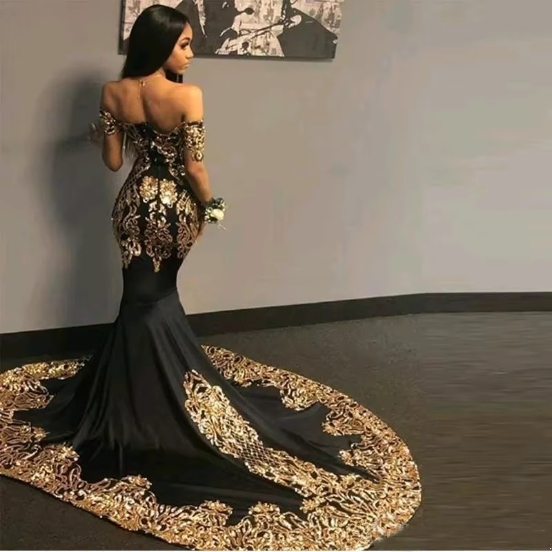 African Black Prom Dresses With Gold Appliques Sequins Off Shoulder Mermaid Party Dress Gala Evening Gowns