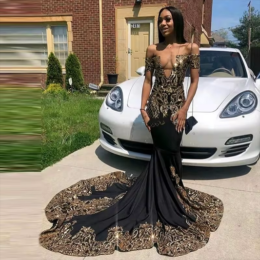 African Black Prom Dresses With Gold Appliques Sequins Off Shoulder Mermaid Party Dress Gala Evening Gowns