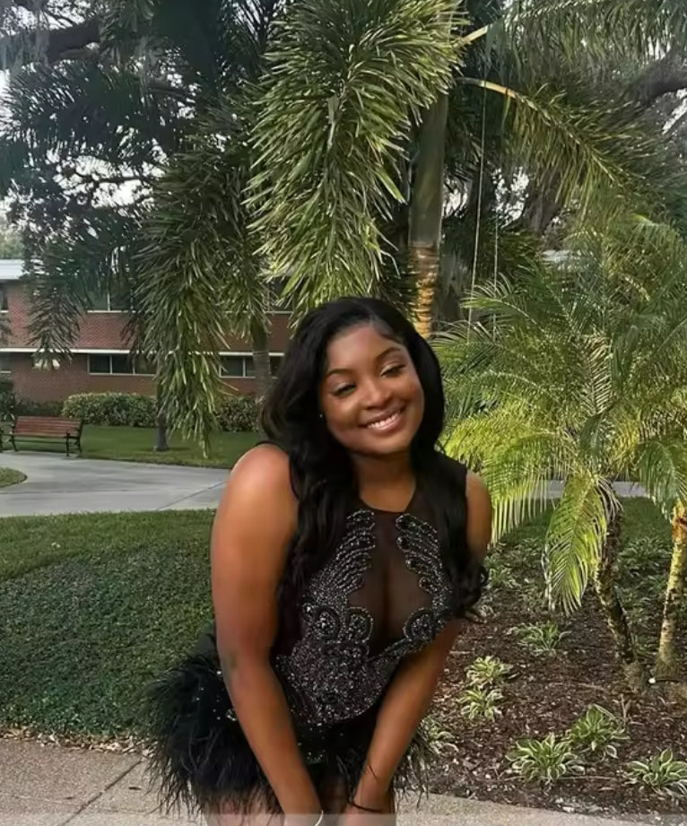 Black Ostrich Feather Crystals Beading Prom Dress Halter Luxury Mini Cocktail Gown Graduation Birthday Party Customized