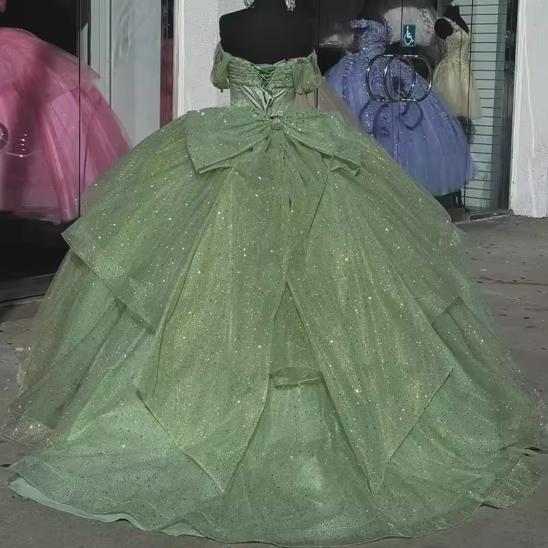 Mint Green Quinceanera Dresses Big Bow Shiny Beads Crystal Princess Dress vestidos 15 de Anos Ball Gowns Customized