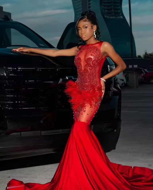 Red Satin Mermaid Prom Dresses Black Girls 2025 Luxury Crystal Feathers Party Gowns African Evening Dress Customized