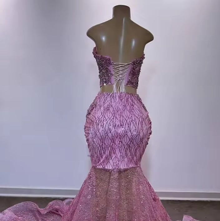 Pink Prom Dresses For Black Girls Two Pieces Sequined Beads African Women Mermaid Party Gowns Vestidos De Festa
