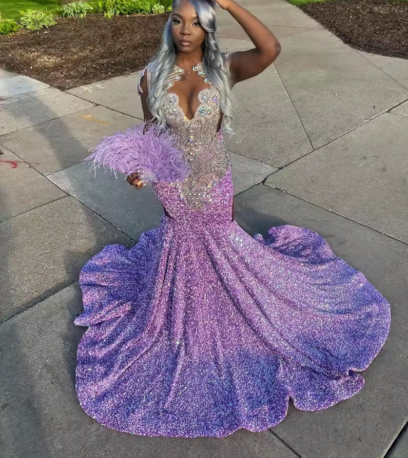 Purple O Neck Long Prom Dress For Black Girls Beaded Crystal Birthday Party Gowns Sequined Evening Dresses Mermaid Customized