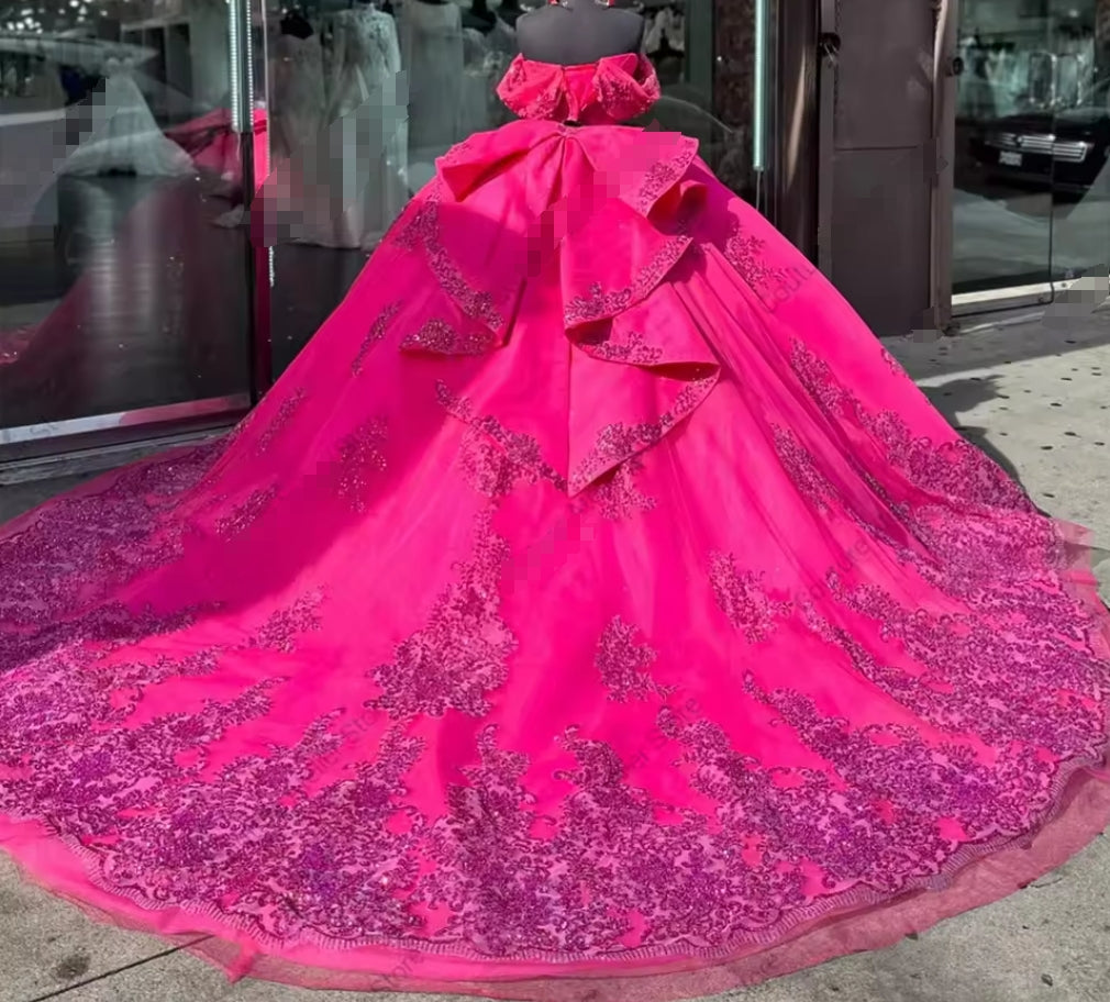 Charming Hot Pink Princess Quinceanera Dresses 2025 Beads Applique Ruffle Ball Gown Sweet 16 vestidos de 15 años Customized
