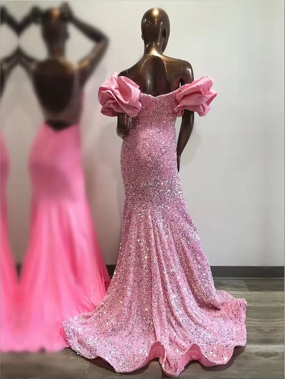 Shiny Pink Sequin Prom Dresses with Short Sleeve Pleat Sweetheart Sweep Train Women Evening Formal Gowns Robe De Soriee