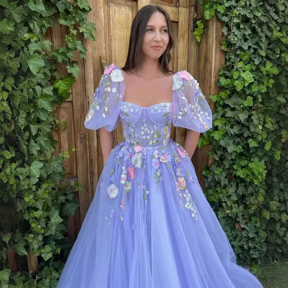 Puffy Sleeves Long Evening Party Gowns Vestidos De Festa Fashion 3D Flower Formal Prom Dresses Customized