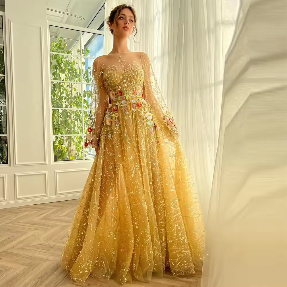 Glitter Beading Crystal Sequined 3D Flowers Floral Tulle Prom Dresses Long Sleeves A-Line Evening Gowns Party Dress