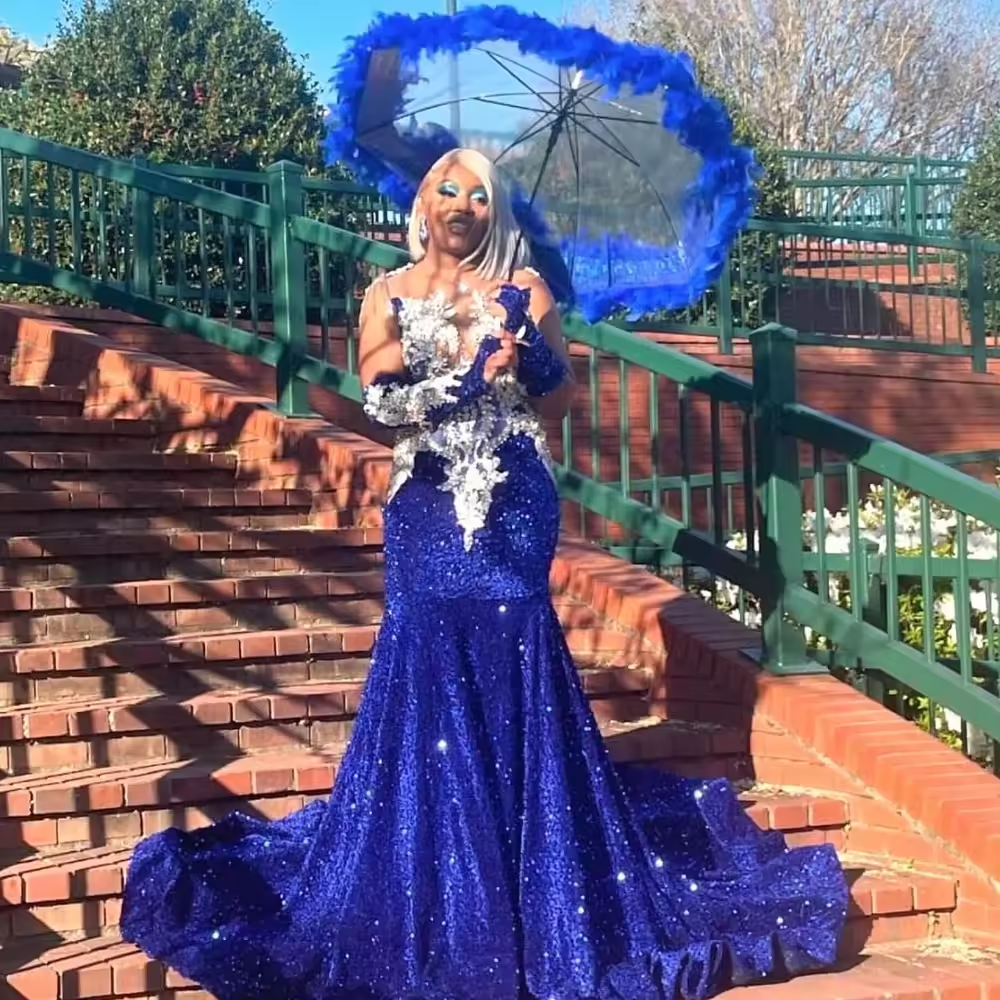 Customized Royal Blue Sequins Mermaid Prom Dress Long Sleeve For Black Girls Rhinestone Beaded Birthday Gala Gown