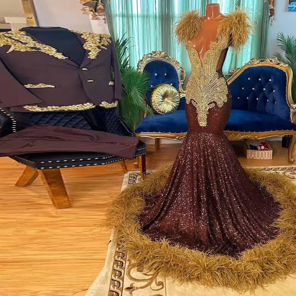 Luxurious Black Girls Prom Dresses With Feathers Sequin Crystal Gala Party Gowns Evening Dress Mermaid Customized