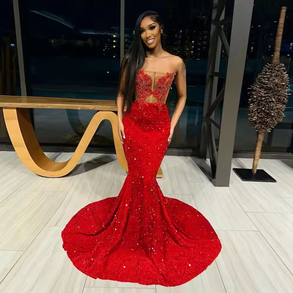 Elegant Strapless Red Velvet Sequins Prom Dresses See Through Beaded Crystals Long Woman Clothes Luxuies Ever Pretty Wedding Gow