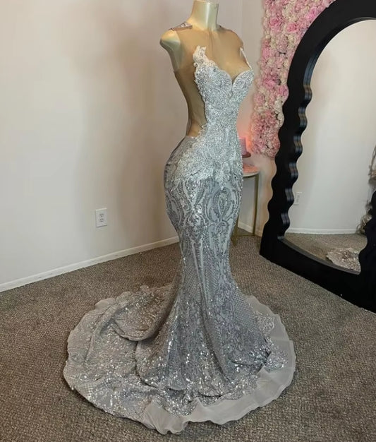 Silver Grey Elegant Evening Gowns Glitter Sequins Applique Birthday Party Dresses African Girls Sexy Backless Fishtail Dres