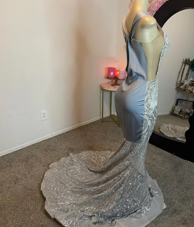 Silver Grey Elegant Evening Gowns Glitter Sequins Applique Birthday Party Dresses African Girls Sexy Backless Fishtail Dres