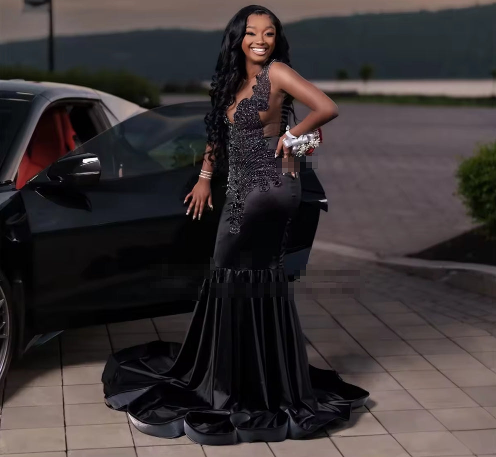 Sparkly Crystal Beads Mermaid Prom Dress For Black Girl Luxury Birthday Evening Gala Party Gown Sexy Customized Robe De Soiree