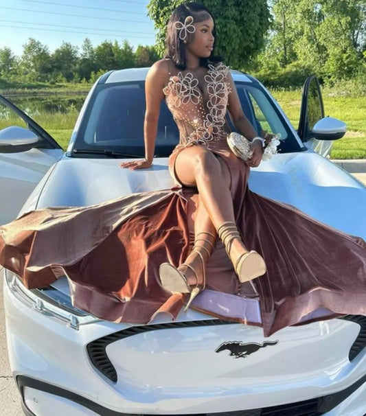 Customized Light Brown Elegant Cocktail Dress Glitter Pearl Applique Decoration Party Dresses Black Girls Sexy Side Slit Dresses