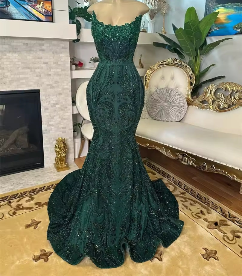 Emerald Green Strapless Long Prom Dresses Black Girl Bead Crystal Applique Birthday Luxury Dress Evening Dresses Customized