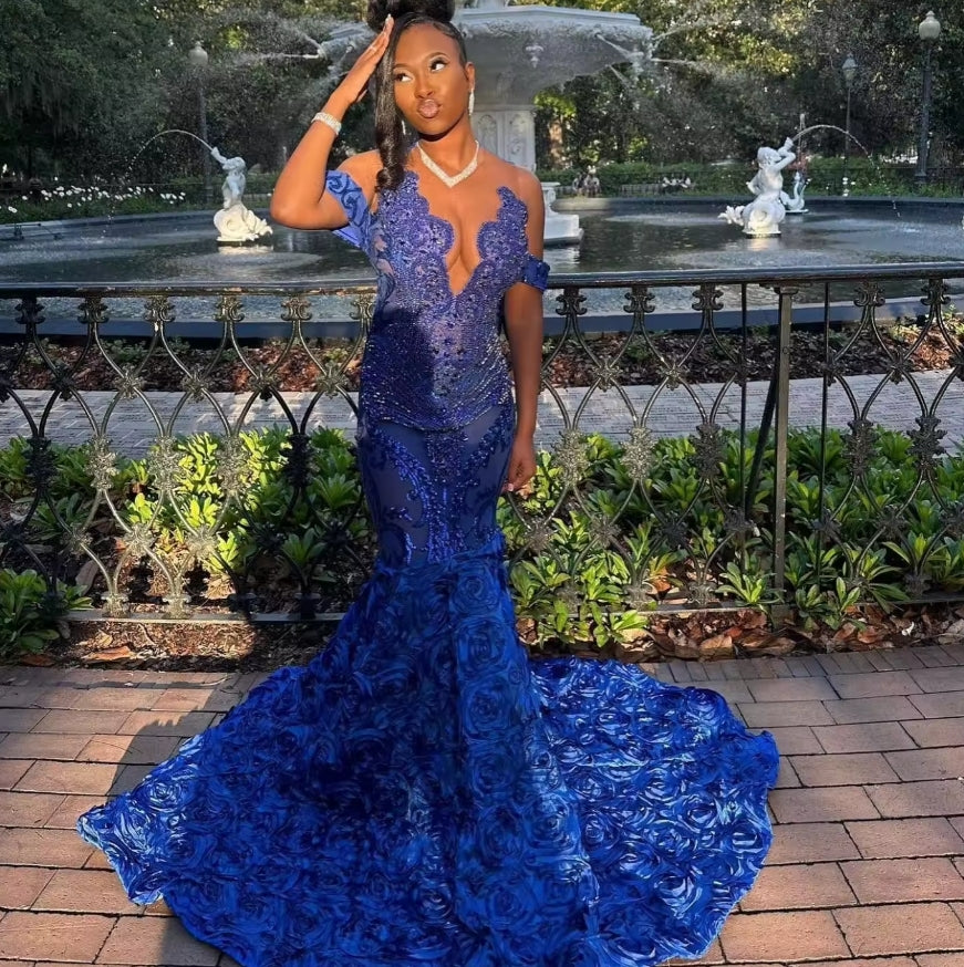 Long Prom Dresses 2025 Luxury Sheer O-neck Off The Shoulder Sparkly Diamond Black Girl Royal Blue Prom Gala Formal Gowns
