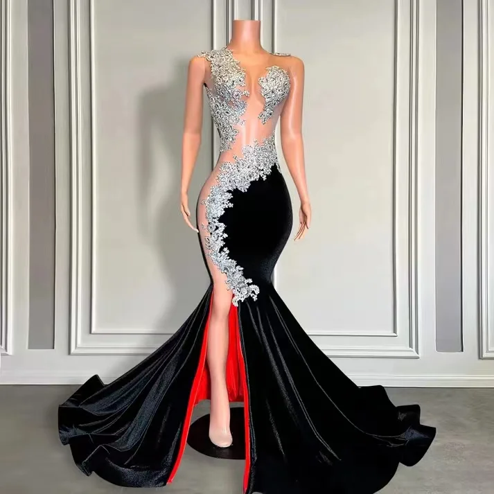 Velvet Black Mermaid Evening Dress Sleeveless Long With Appliques Beads