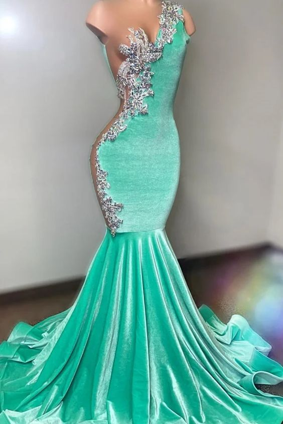 Light Blue One Shoulder Prom Dress Sliver Appliques With Trumpet