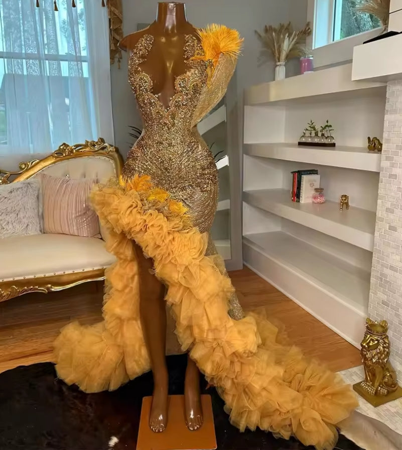 Gold Feathers Shinny Ruched Silt Rhinestone Prom Dresses For Black Girls Mermaid Birthday Party Dress Homecoming Gown robe