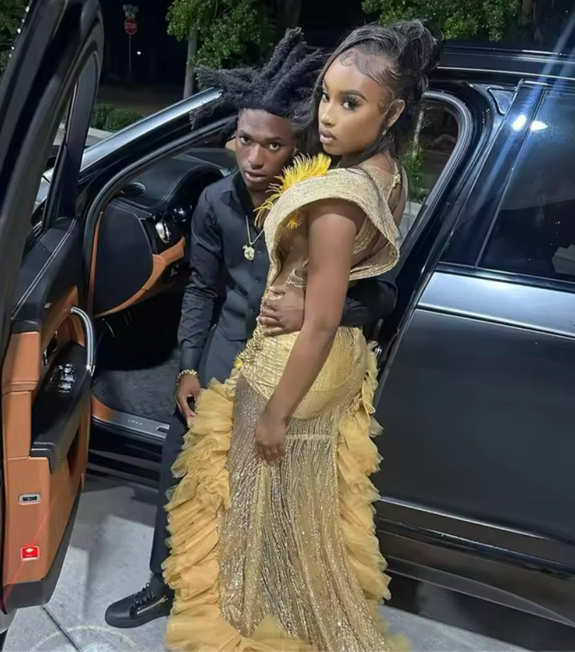 Gold Feathers Shinny Ruched Silt Rhinestone Prom Dresses For Black Girls Mermaid Birthday Party Dress Homecoming Gown robe