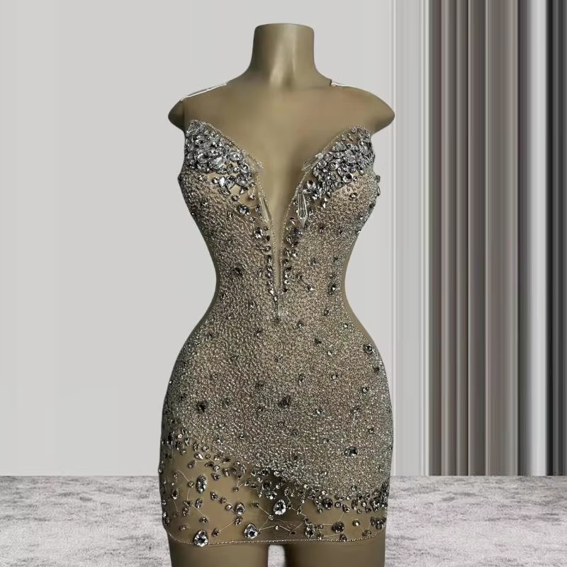 Luxury Sheer Silver Diamond Short Prom Dresses Black Girls Sexy Birthday Party Dresses African Mini Cocktail Dresses Homecoming