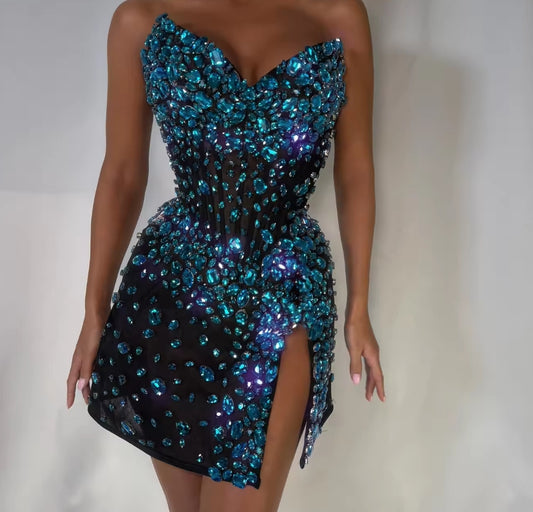 Full Crystals Cocktail Dresses Mermaid Mini Sleeveless Prom Dresses Sweetheart Sexy Birthday Dress Vestidos Femenino Customized