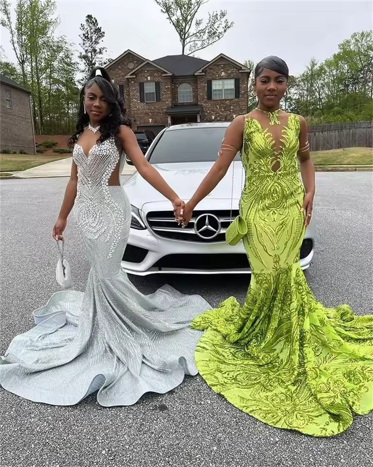 Sparkly Sequin Mermaid African Prom Dresses Black Girls Plus Size Formal Evening Gowns Party Dress Vestidos Noche Custom Made