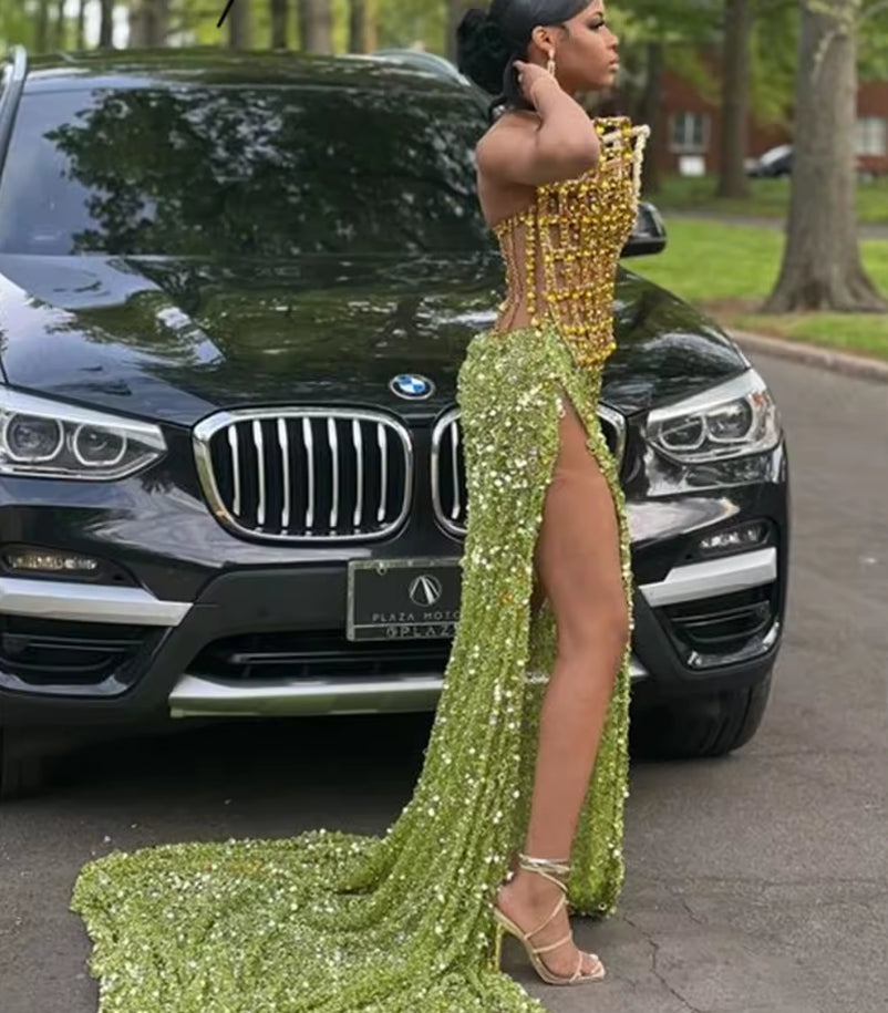 Sexy Green Sequins Party Dresses High Split Side Girls Evening Dresses Beading Crystals Cocktail Dress Robe De Soiree Customized